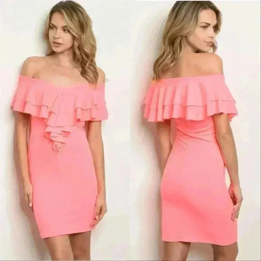 NEON BODYCON RUFFLE OFF SHOULDER DRESS